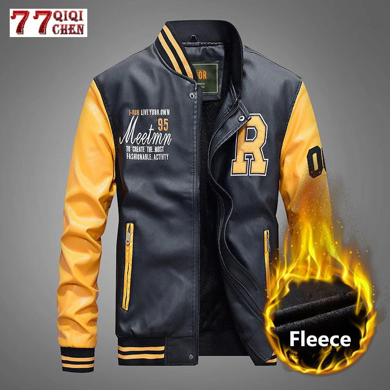 Leather Jacket Men Casual Slim Fleece Thicken Motorcycle Coats College Pilot Moto Biker Bomber Baseball Faux PU Leather Jackets
