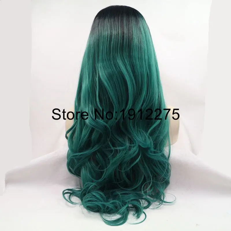 Sylvia боковая часть Омбре зеленый темный корень тела волна синтетический парик кружева спереди для женщин 2 тона термостойкая замена волос парик