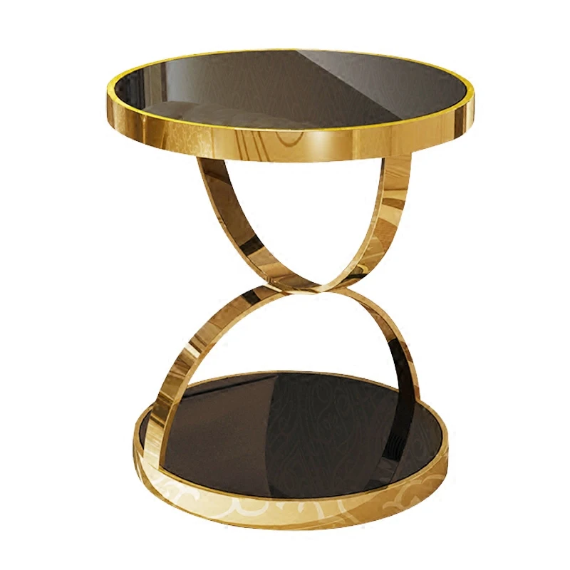 Simple stainless steel gold rounded tea table phone gilded toughened glass sofa corner table side table