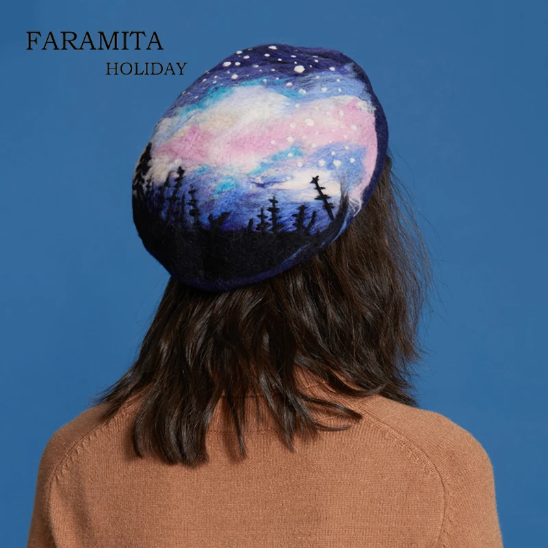 

Faramita Holiday Corcovado Quiet Night Fall Warm Wool Women Beret Hand Made Paintings Girls Hat Winter Originality Caps Manual