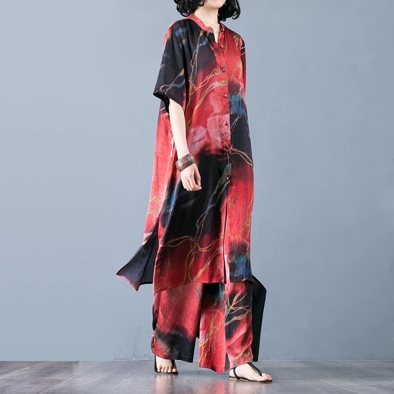 

Vintage Women Sets Flower Pattern Printed Chinese Style X-Long top and Elastic Waist Wide Leg Pants Female Two Piece Set