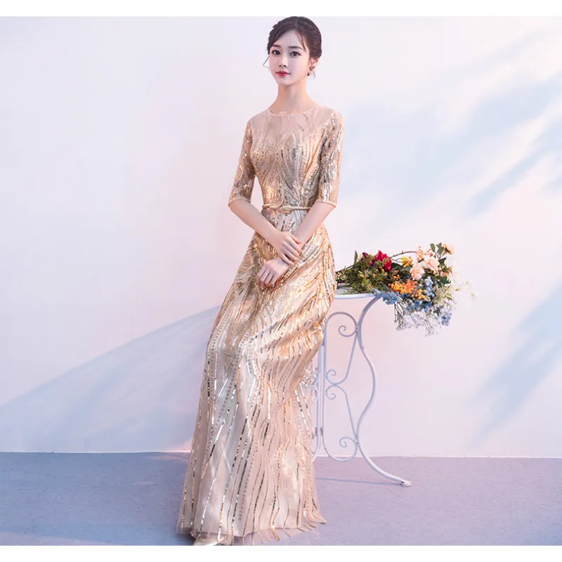 Luxury Evening Dresses Long Fashion Gorgeous Gold Shiny Bead Piece Evening Dress Party Elegant A-line Robe De Soiree ES2611