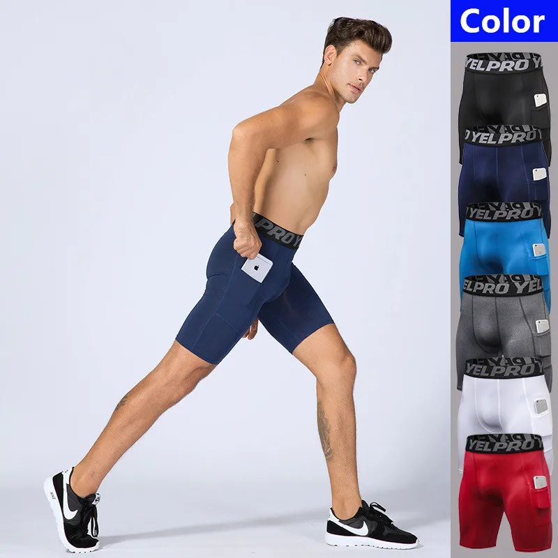 

Men Fitness Compression Shorts Pockets Sports Running Gym Stretch Tights Quick Dry Training Shorts