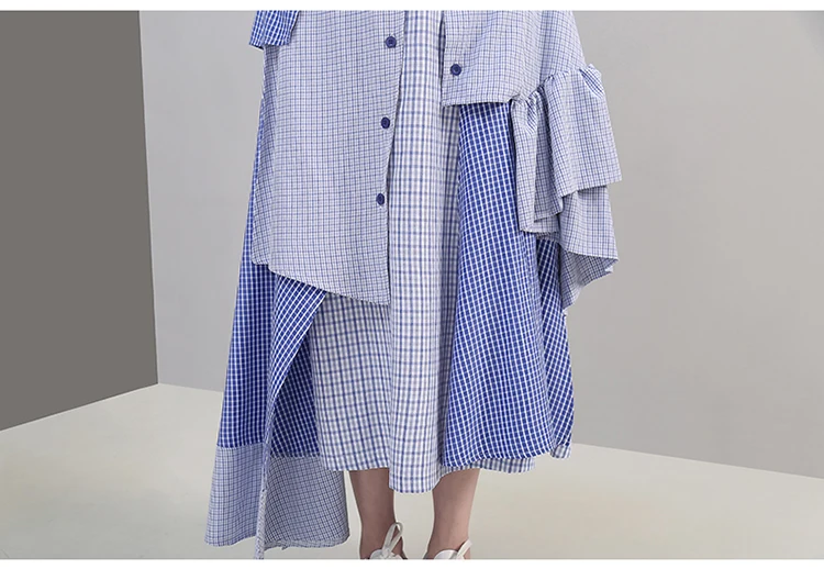 Korean Style Women Summer Asymmetrical Blue Striped Casual Skirt Ruffles Elastic Waist Ladies Stylish Skirt Robe Femme 5243