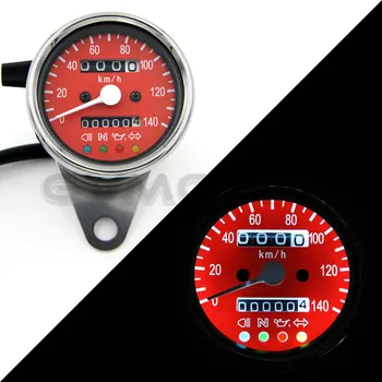 

Vintage Silver Housing Red Face Mechanical 0-140KMH Stainless odometer speedometer + 4 ADDITIONAL FEATURES LED Indicator Lights