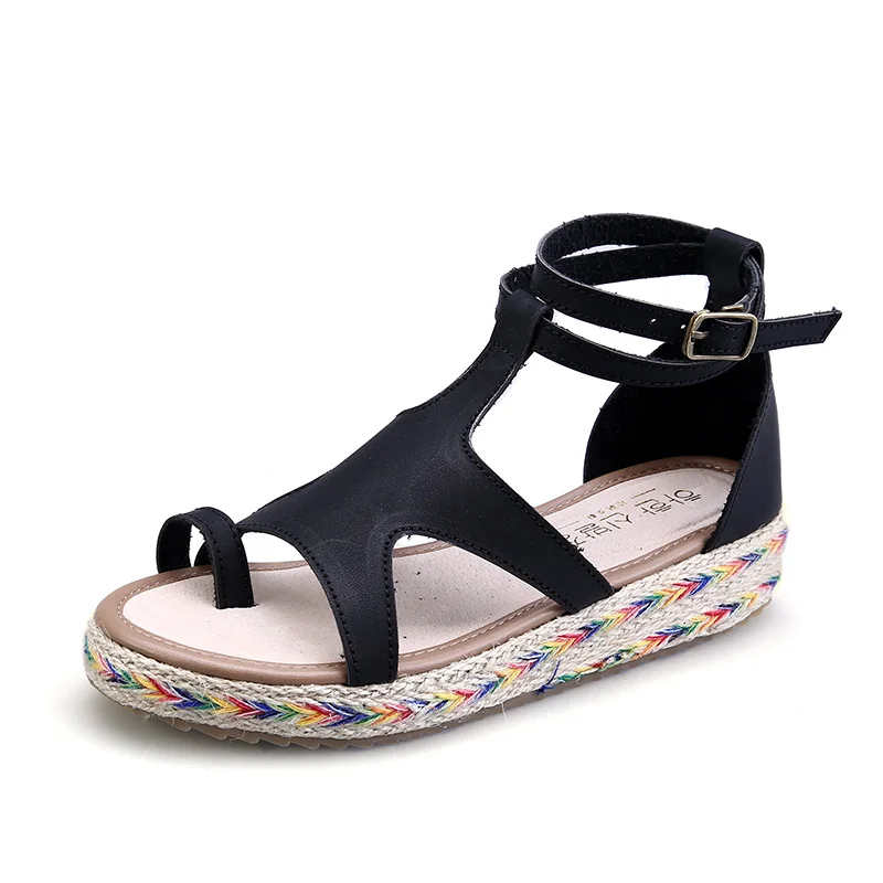 Летние в римском стиле женские сандалии для отдыха женские кожаные сандалии женская обувь с открытым носком соломенная обувь на плоской подошве размер: 34-43 OULYYYOGO
