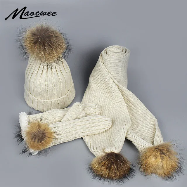 Winter Warm Knit Beanie Scarf Hat & Glove Sets Scarves Real Raccoon Fur