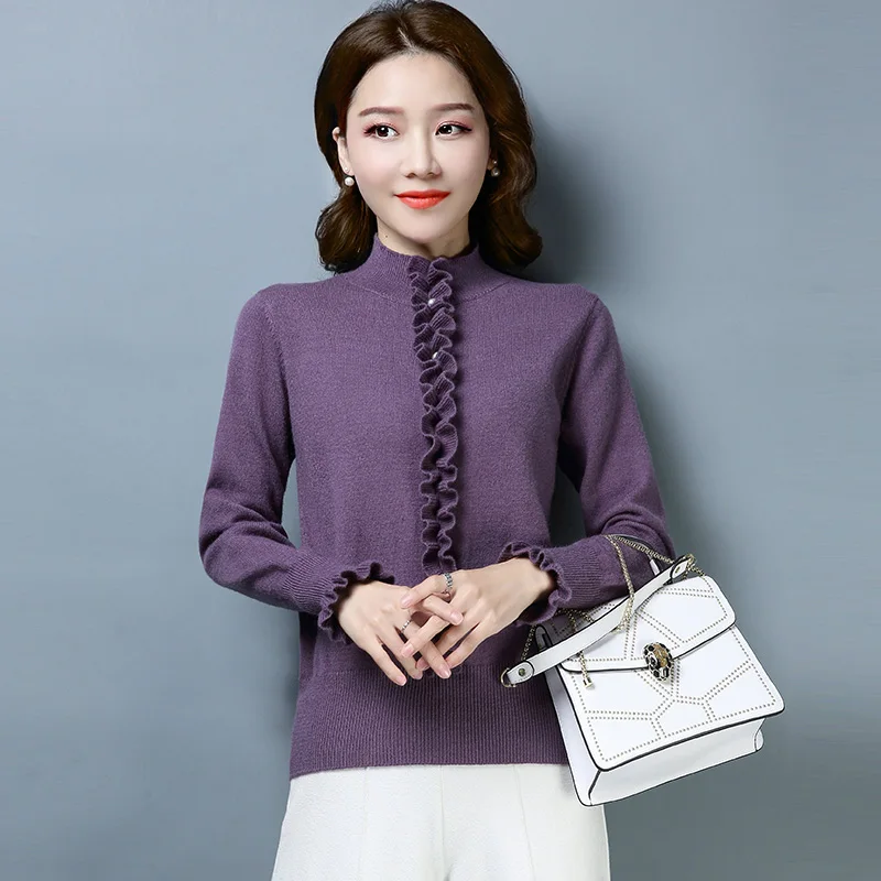 ^*Best Offers Brand OL Short Sweater Fall Winter Women New Solid Color Ruffled Pearl Bottoming Knit Sweater Lotus Leaf Sleeve Pullovers Female