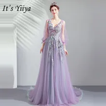 Это YiiYa Выпускные платья фиолетового цвета с v-образным вырезом и длинными рукавами длиной до пола, вечерние платья на заказ больших размеров, платья для выпускного вечера E247
