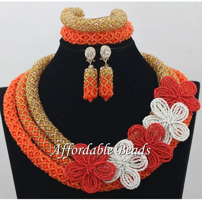 

Multicolor Nigerian Beaded Necklaces Sets Hot Beads African Set Charming Design Handmade NCD076