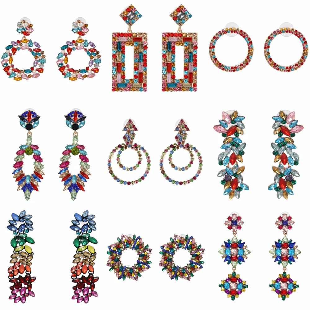 

JUJIA 9 Designs Women's Bohemia Multicolored Crystal Luxury Drop Earrings For Wedding Party Gift Jewelry Vintage Dangle Earrings