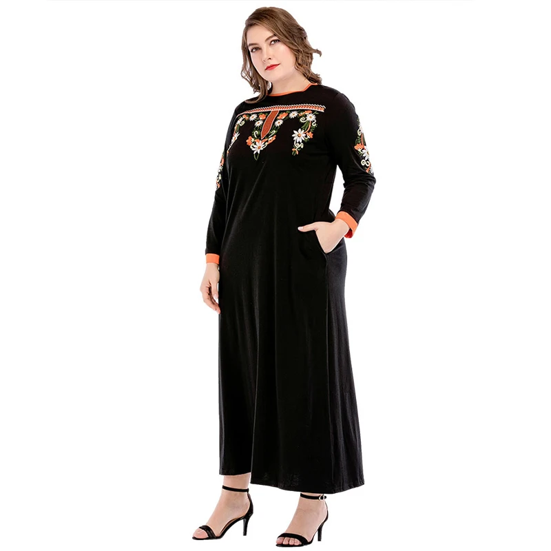 

Muslim Abaya Women Long Sleeve Ethnic Maxi Dress Autumn Elegant Embroidery UAE Dubai Arabic Kaftan Islamic Robe Gowns Black