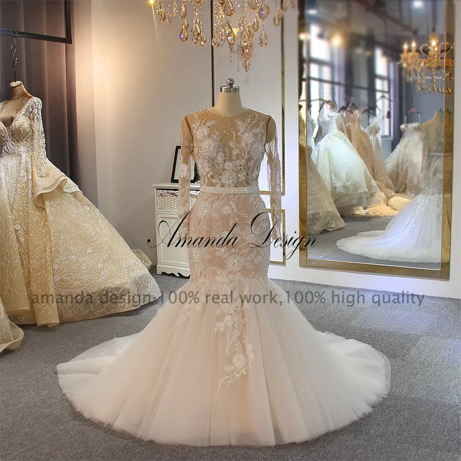 Аманда дизайн robe de mariage длинный рукав Шампанское Русалка прозрачное свадебное платье