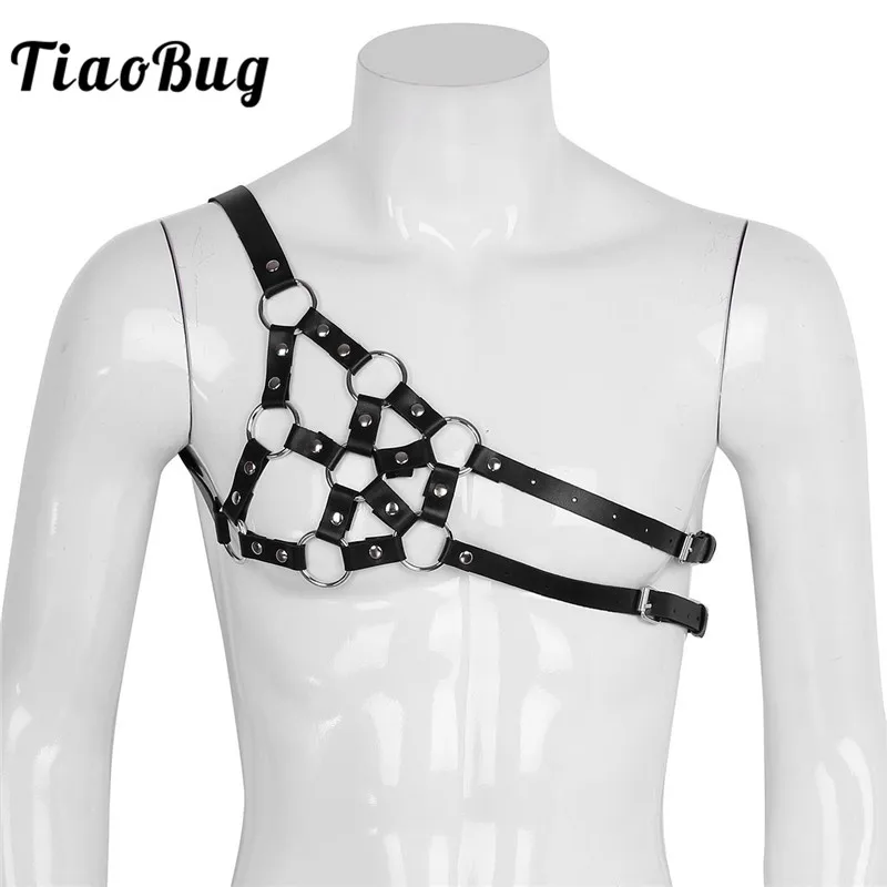 

TiaoBug Men PU Leather One Shoulder Adjustable Body Chest Half Harness Belt Metal Rings Punk Gothic Straps Sexy Bondage Costume