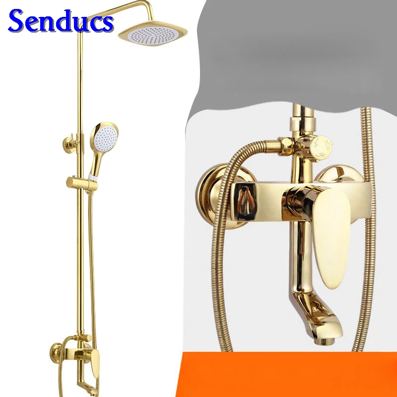 

Senducs Brass Shower Set with Quality ABS Rain Top Shower Bathroom Golden Shower System for Hot Sale Gold Shower Set