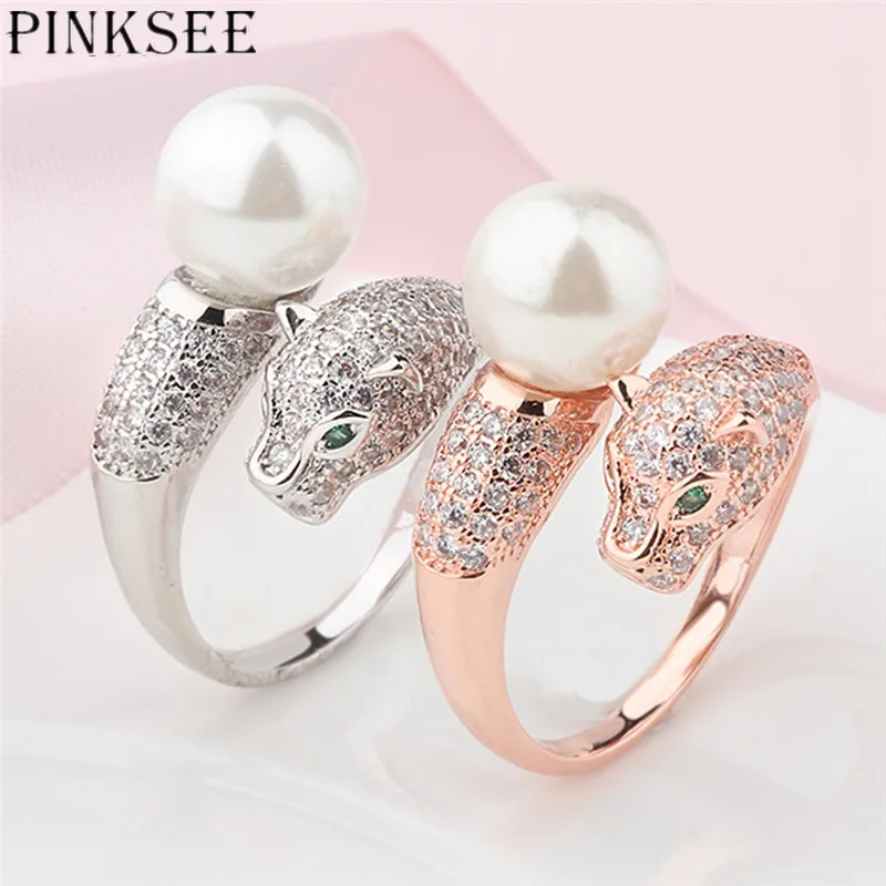 

PINKSEE Fashion Domineering Leopard Pattern Rings Simulation Pearl Jewelry for Women Popular Open Rings Vintage Animal Jewelry