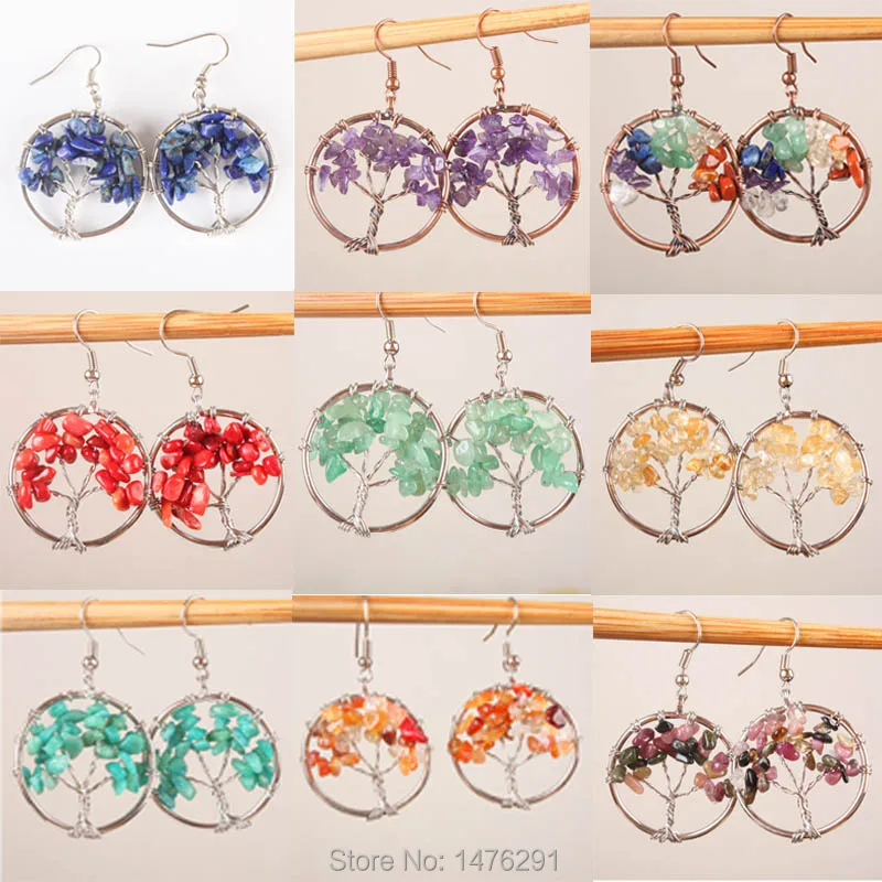 

New Healing Chakra Tree Of Life Wire Wrapped Tumbled Stone Beads Round Dangle Drop Hook Earrings 1pair