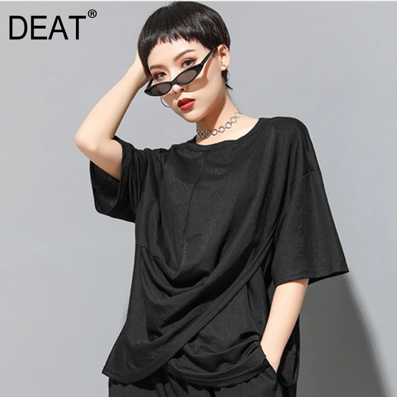 

[DEAT] 2019 New Spring Summer Round Neck Half Sleeve Black Irregular Split Joint Loose Big Size T-shirt Women Fashion Tide JW07