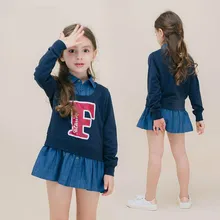 Free Shipping Girl Clothes Autumn Spring Doll Collar Long Sleeve Joint For Cowboy Stitching Baby Girls Kids Top Shirt JJ0005
