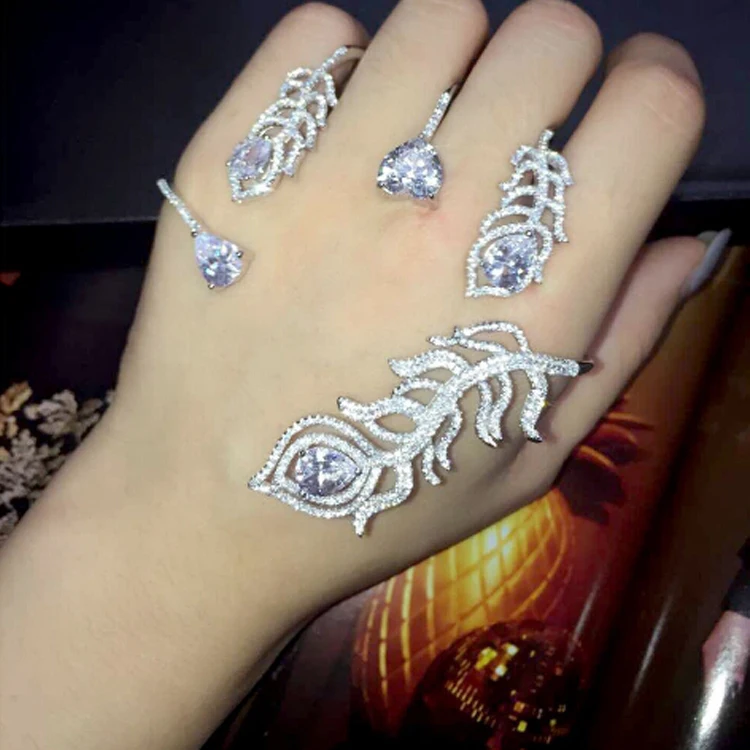 Дизайн, вечерние браслеты с фианитами, перьями и пальмами, высокое качество, блестящий браслет на руку для невесты, Модный женский браслет