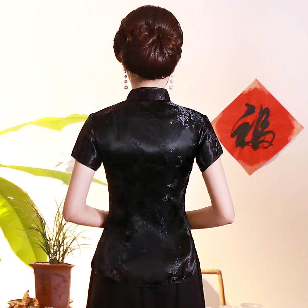 Большой размеры 3XL 4XL черные пикантные для женщин цветок атласная рубашка воротник стойка Традиционный китайский блузка элегантный тонкий летн