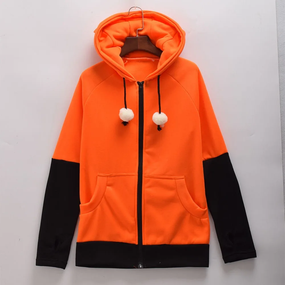Animal Cosplay Hoodie Fox Coniglio Ears Giacca Unisex Manica Lunga Arancione Colorblock Felpa