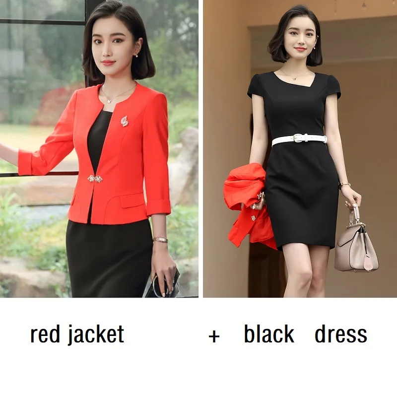 red jacket black ACRMRAC женские костюмы стиль летний костюм средний рукав костюм сплошной цвет тонкий пиджак платье бизнес OL формальное платье костюмы - Цвет: red jacket black