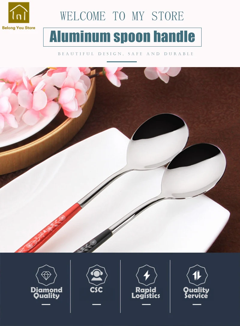 Luxury Dinnerware Long Stainless Steel Round Spoon Set Round Soup Kitchen Spoons Set Metal Colher Sobremesa Tableware WKI060