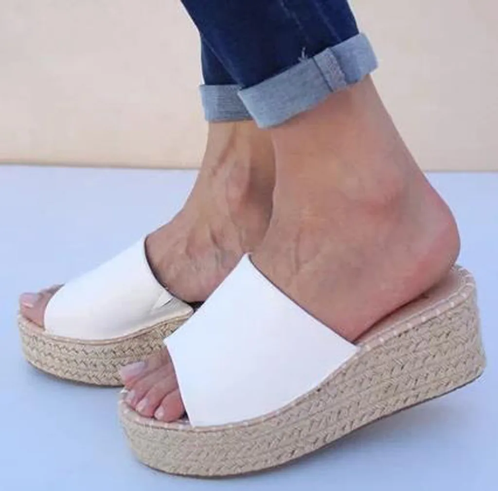 

Women Fashion Wedges sandals Shoes 2019 summer Open Toe Thick Bottom Roman leather Slippers cane Beach Sandals