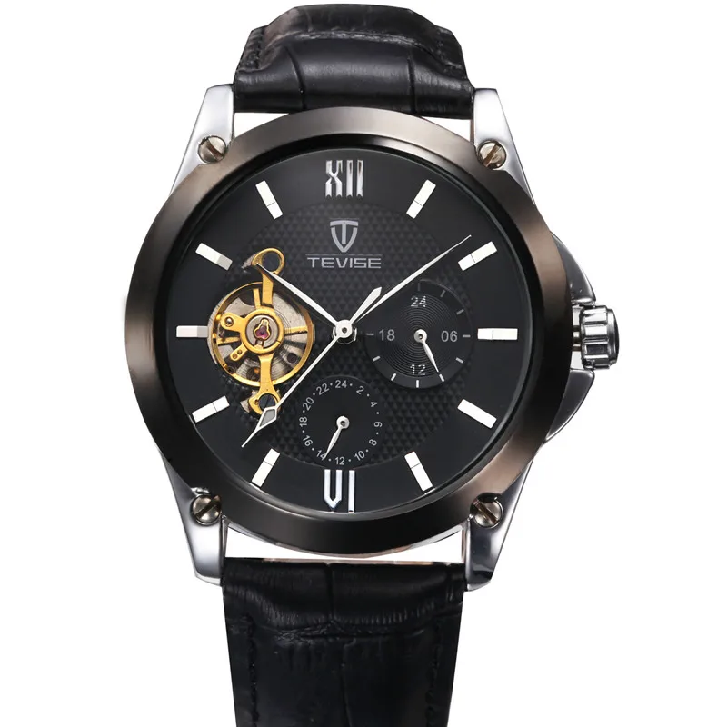 Tevise الأعمال التلقائية ووتش توربيون الميكانيكية ووتش الرجال جلد طبيعي حزام 24 ساعات العلامة التجارية الشهيرة relogio masculino