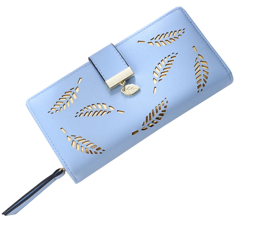 Женский длинный двойной кошелек, мода многоцветный двухслойный женский кошелек полый лист дизайн длинный многофункциональный клатч - Цвет: blue