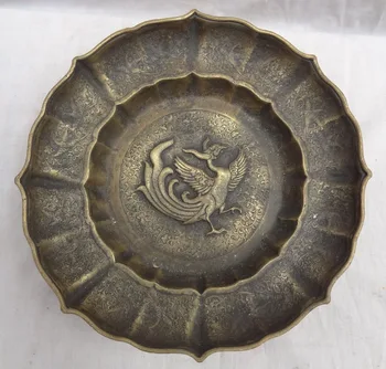

xd 002023 12" Chinese Pure Bronze FengShui Bird Phoenix Statue Plate Tray Salver Dish