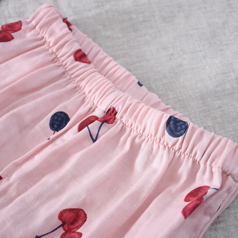 Spring And Autumn New Lady's Pajamas Set Cherry Printed Gauze Cotton Turn-down Collar Long Sleeve Trousers Household Wear
