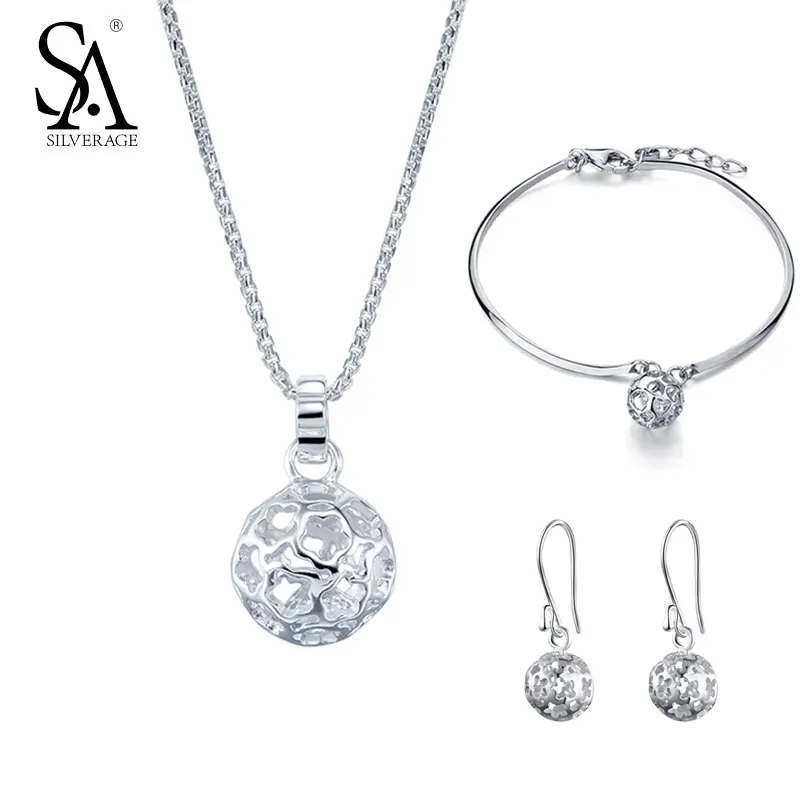 

SA SILVERAGE 925 Sterling Silver Set Jewelry Women Ball Pendant Necklace And Earrings Bracelet Set Pure Silver Wedding Gift