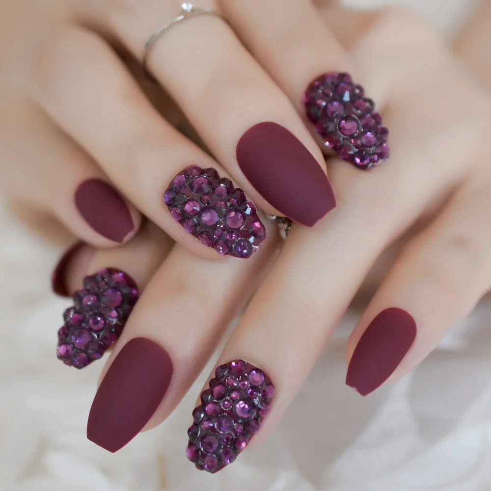 

Ballerinas Matte burgundy Coffin False Nails 3D Rhinestones Wine Red Color False Coffin Shape Pre-design Full Nail Tips