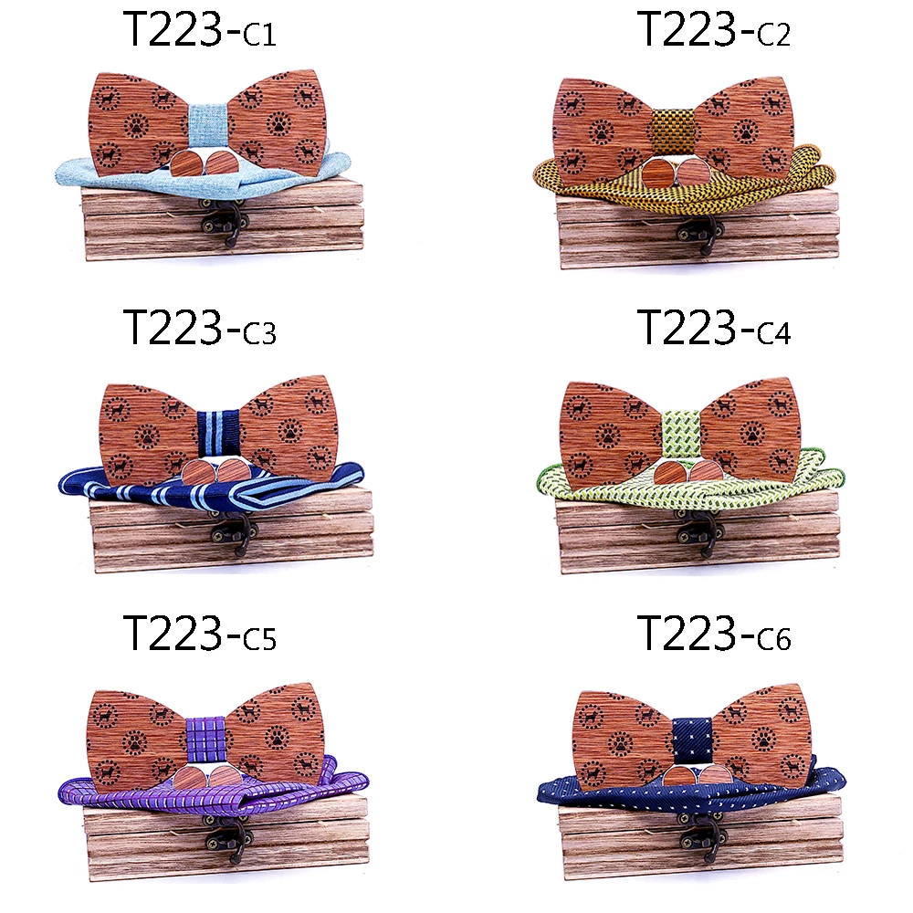  Wood bow tie Solid Business bowtie men vintage Dog Printed wood bow tie pocket square handkerchief 