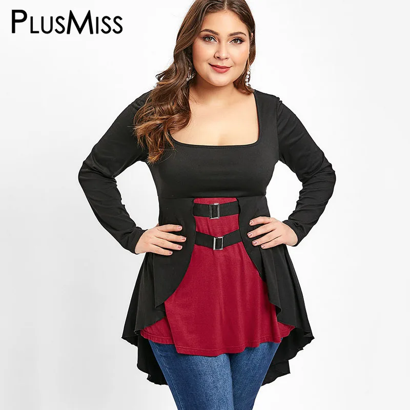 PlusMiss Plus Size 5XL Vintage Retro High Low Lace Up Tunic Blouse