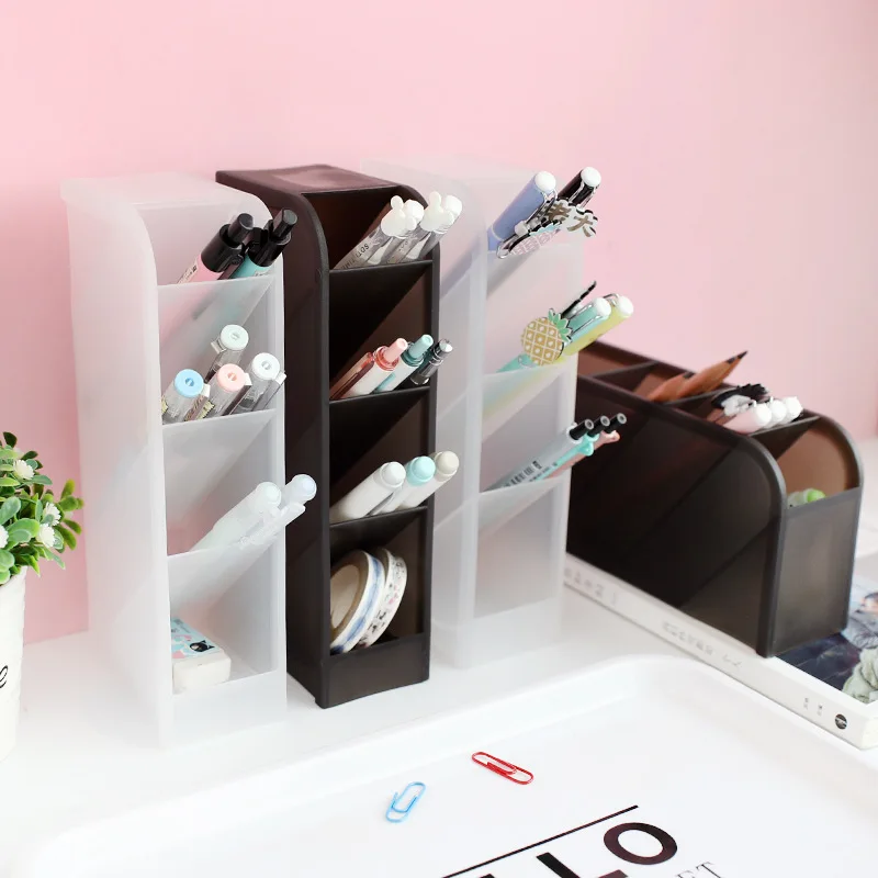 

Multi-function 4 Grid Desktop Pen Holder Office School Storage Case Clear White Black Plastic Box Desk Pen Pencil Organizer