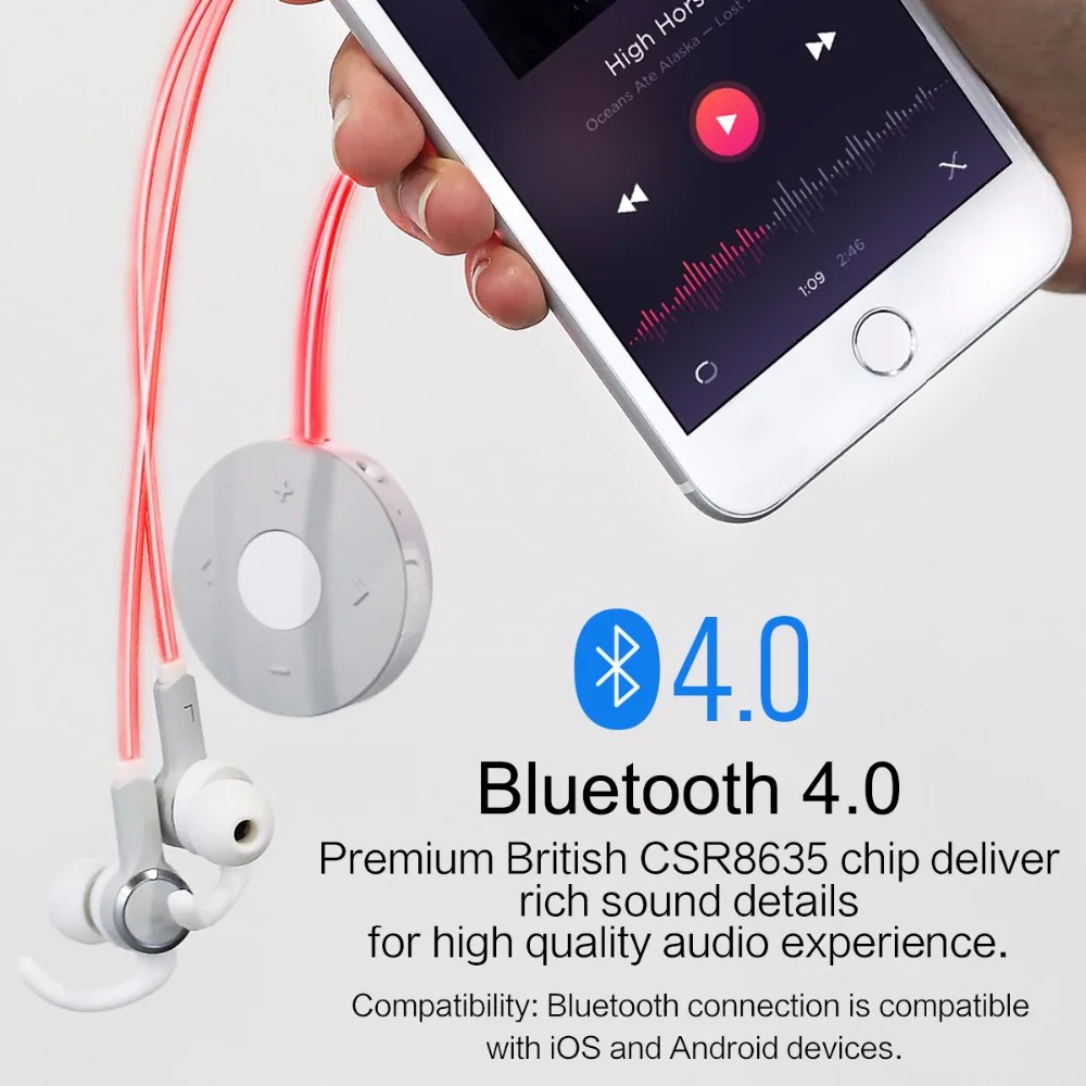 ROCK Mulu светодиодный Bluetooth наушники 3 5 мм спортивные MP3 плеер в ухо Спортивные 4 0