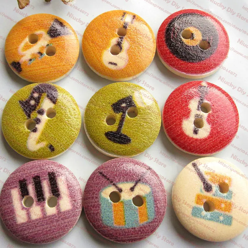 100pcs 15mm Musical Series Wood Decorative Buttons For Crafts Mix