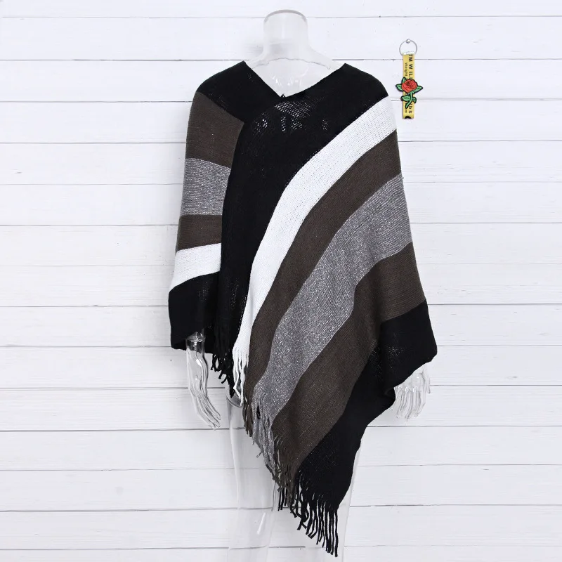 Для женщин свитера и пуловеры полосатый вязаный свитер осень-зима модный плащ Batwing рукава, с кисточками, женские свитера