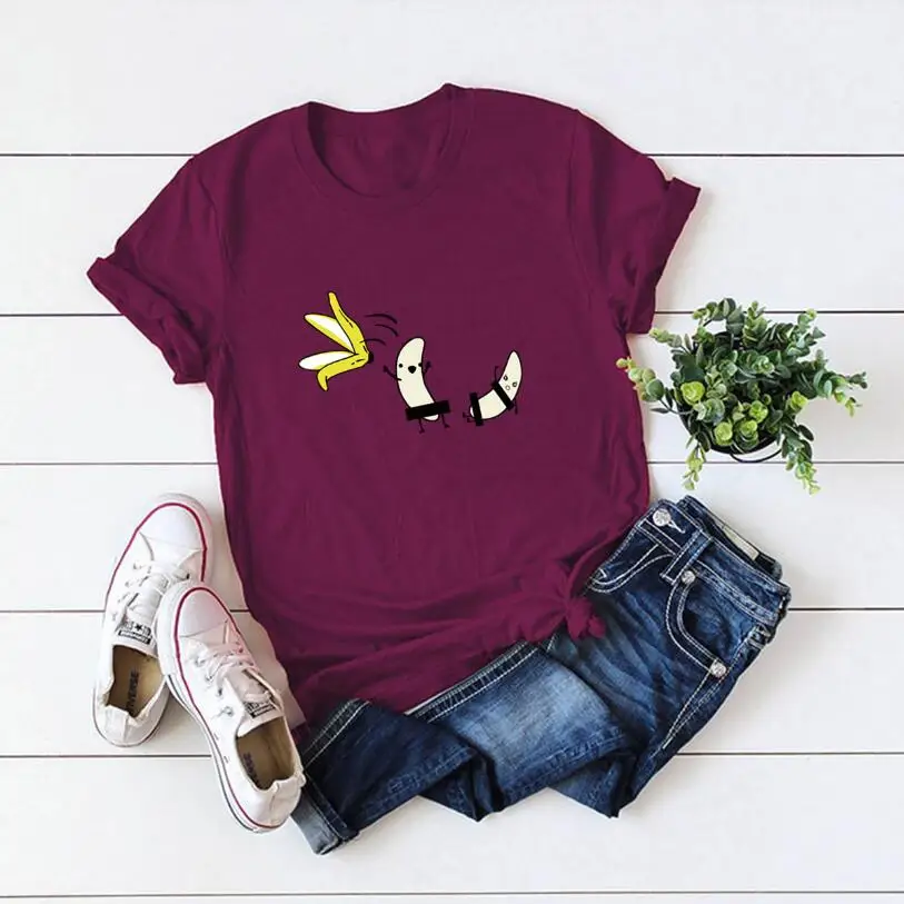 Модная футболка в европейском и американском стиле с забавным рисунком банана, Новое поступление, летняя женская футболка с коротким рукавом и круглым вырезом - Цвет: Бургундия