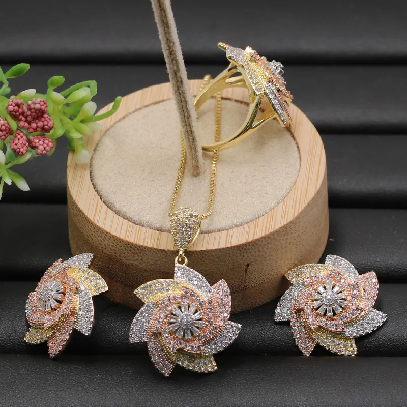 

Fateama Jewelry Set Distinctive Spiral Flower pave setting Necklace with Earrings and Ring for Girl Engagement fashion Gifts