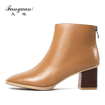 

Fanyuan Winter Zipper Ankle Boots Genuine Leather Women Western Boots Square Toe Short Boots Comfortable Square High Heel Boots
