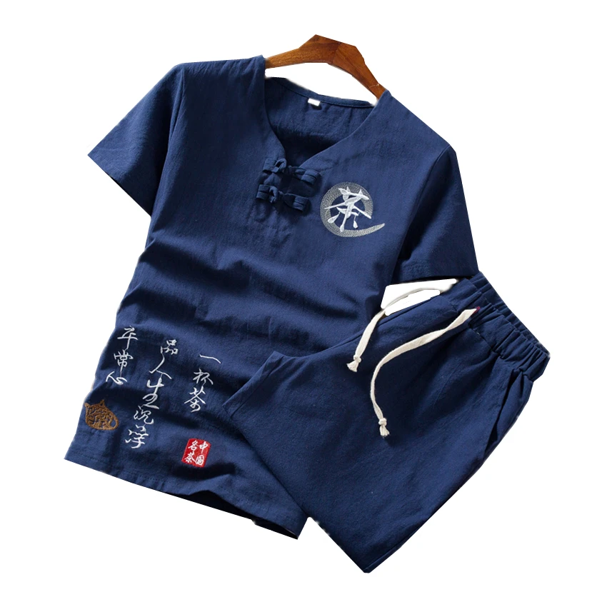 

Cotton and Linen Fabric Men's Embroidered Short-sleeved T-shirt with Drawstring Shorts Summer Fashion Movement Leisure Suit 5XL