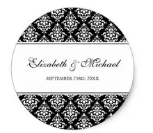 1.5inch Black and White Damask Round Wedding Favor Label Classic Round Sticker