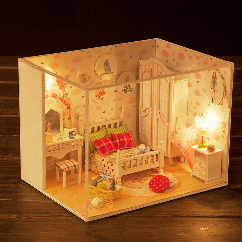 

DIY Doll House Miniature With Dust Cover Furnitures LED Creative DollHouse Wooden Gift Toys Sweet And Beauty Dream Q007 #E
