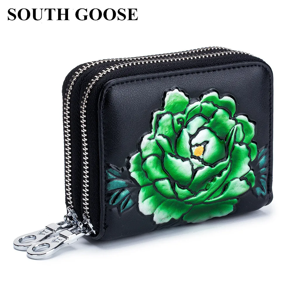 

SOUTH GOOSE Genuine Leather Women Credit Card Holder Female Rose Embossing Coin Purse Business RFID Double Zipper ID Card Holder