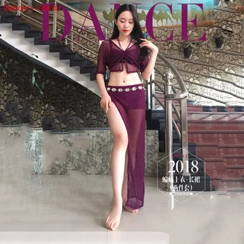 

New Arrival Summer Lace 2 piece Belly Dance Costume Long Skirt Sexy Sweet Dancer Practice Wear Black Red Purple