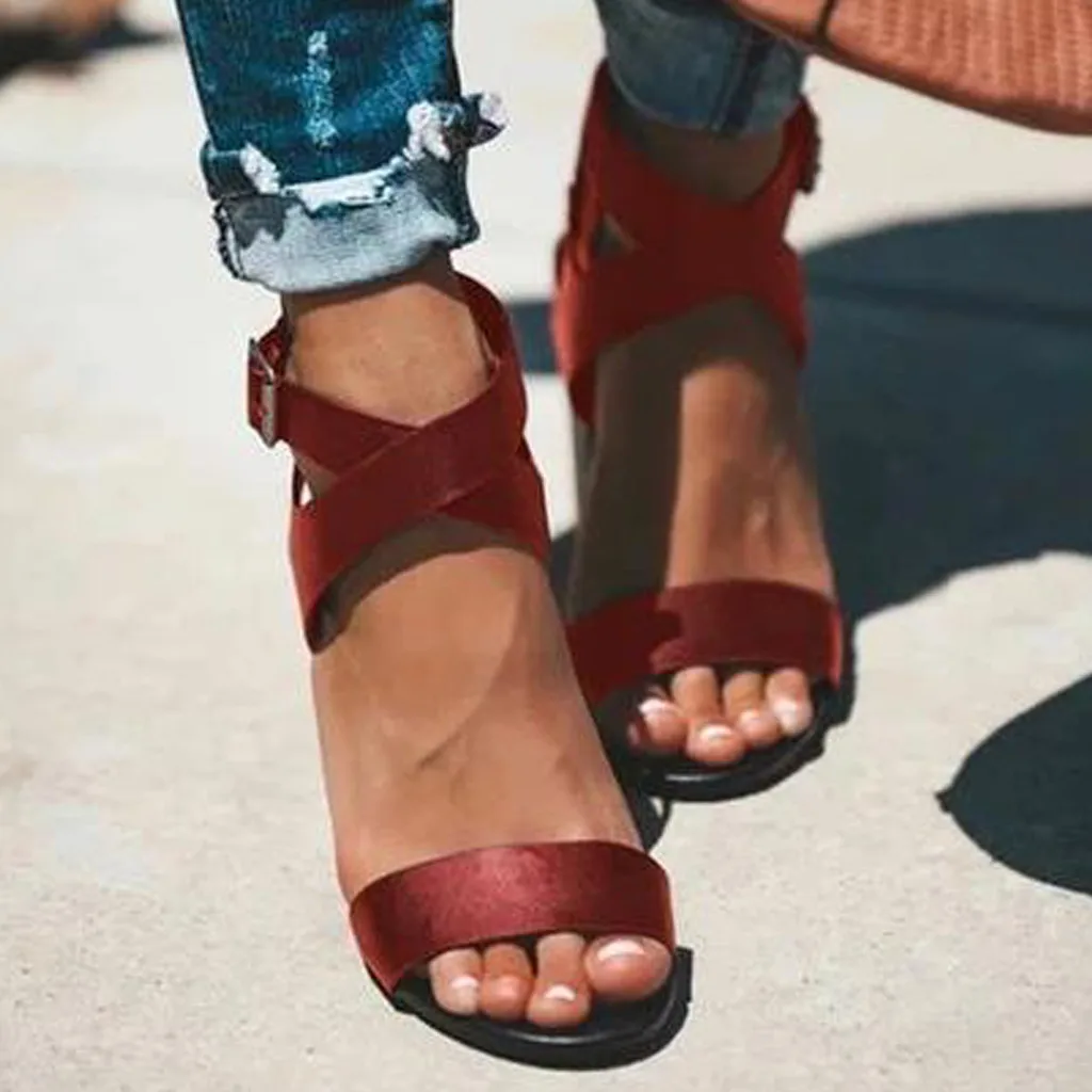 

summer sandals women Women's Rome Open-Toe Square Heel Shoes Fashion High Heels Ankle Strap Sandals sandals high heels